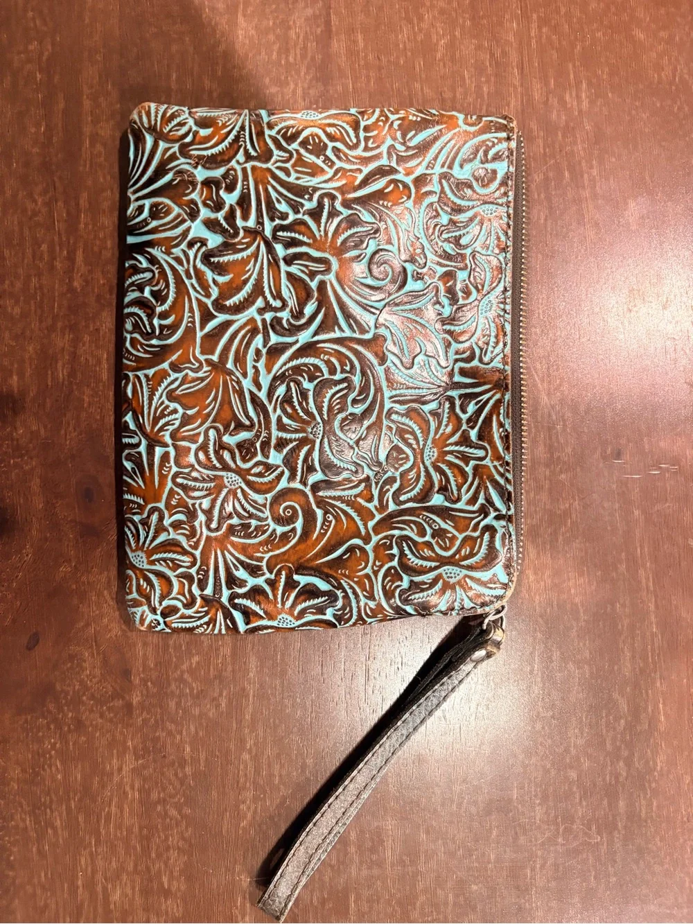 Patricia Nash Cassini Tooled Turquoise Leather Wristlet, Purse + Dust Bag